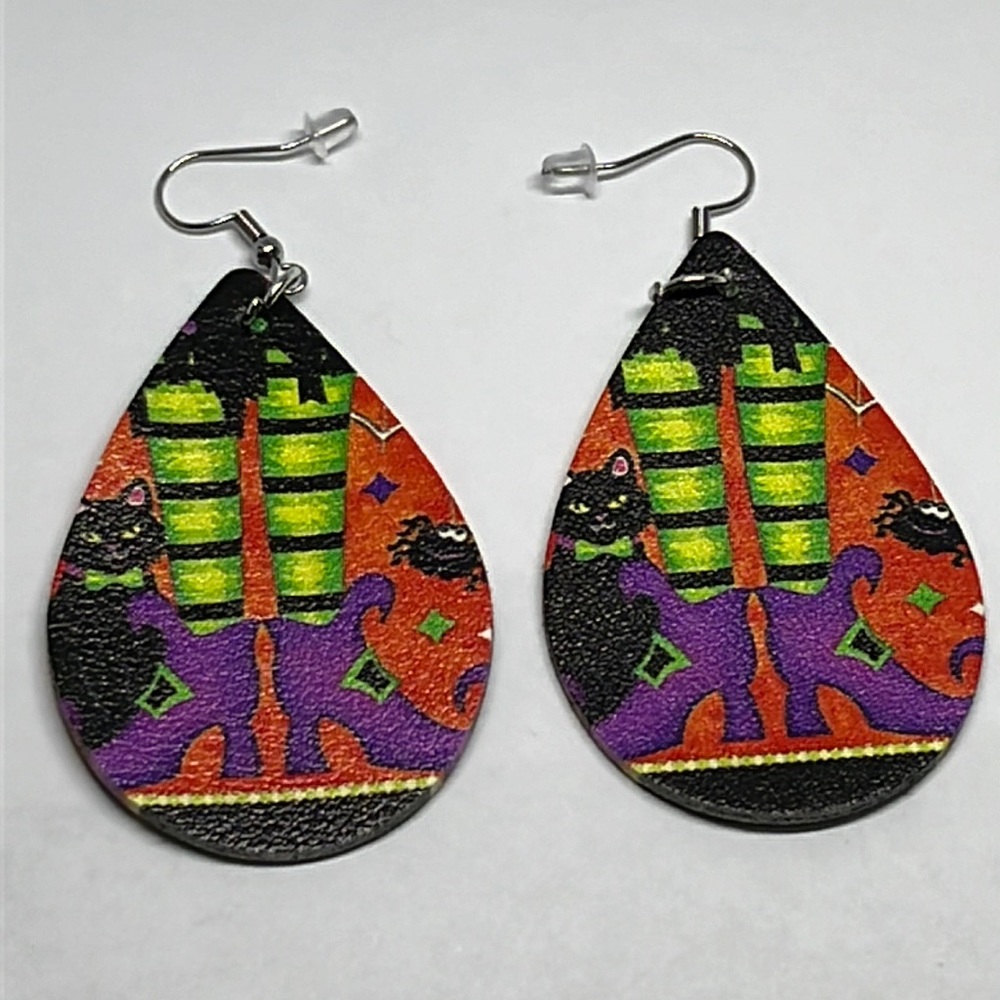 Earrings‎ Halloween Black Cat Witch Spider